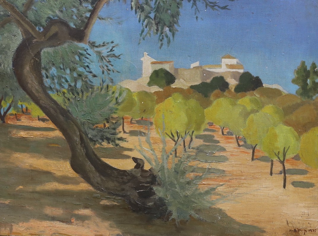 After Henry Bishop, oil on board, Spanish landscape, bears signature and date 1935, 45 x 61cm, unframed